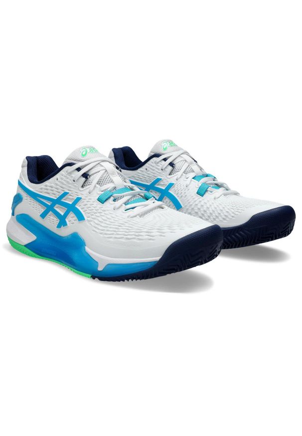 Buty do tenisa męskie Asics Gel-resolution 9. Zapięcie: sznurówki. Kolor: biały, zielony, niebieski, wielokolorowy. Materiał: materiał. Szerokość cholewki: normalna. Sport: tenis