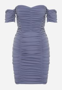 Born2be - Niebieska Marszczona Sukienka Hiszpanka o Dopasowanym Kroju Haletea. Typ kołnierza: dekolt hiszpanka. Kolor: niebieski. Typ sukienki: dopasowane #7