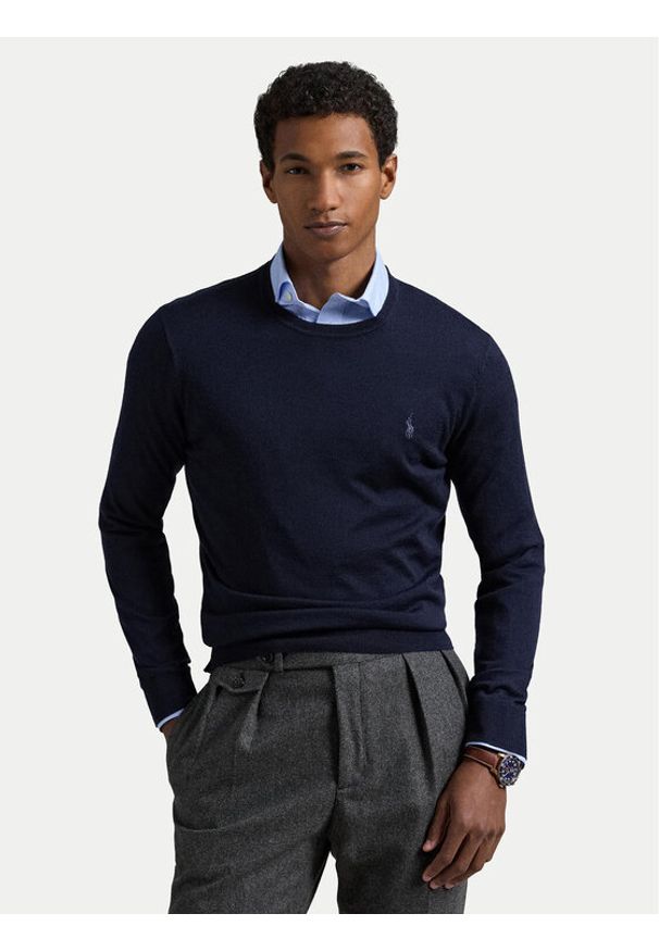 Polo Ralph Lauren Sweter 710946143001 Granatowy Slim Fit. Typ kołnierza: polo. Kolor: niebieski. Materiał: wełna