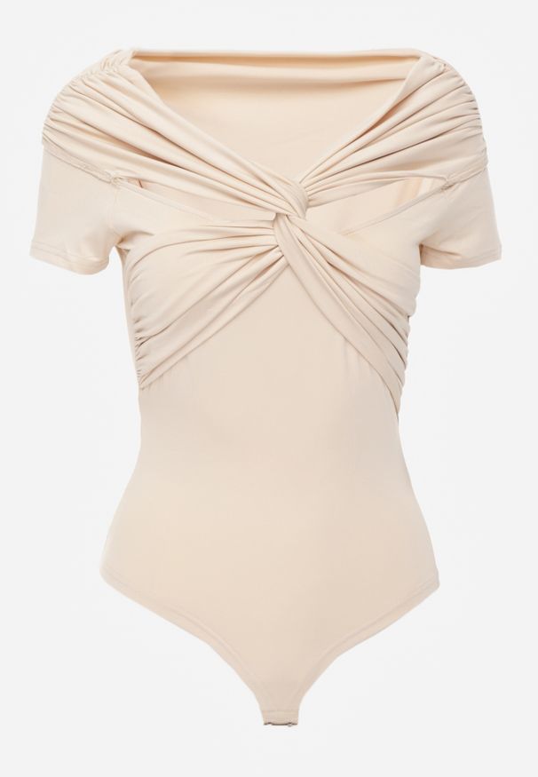 Renee - Beżowe Body z Ozdobnymi Rękawami i Hiszpańskim Dekoltem Joanlo. Kolor: beżowy. Materiał: jeans. Długość: krótkie