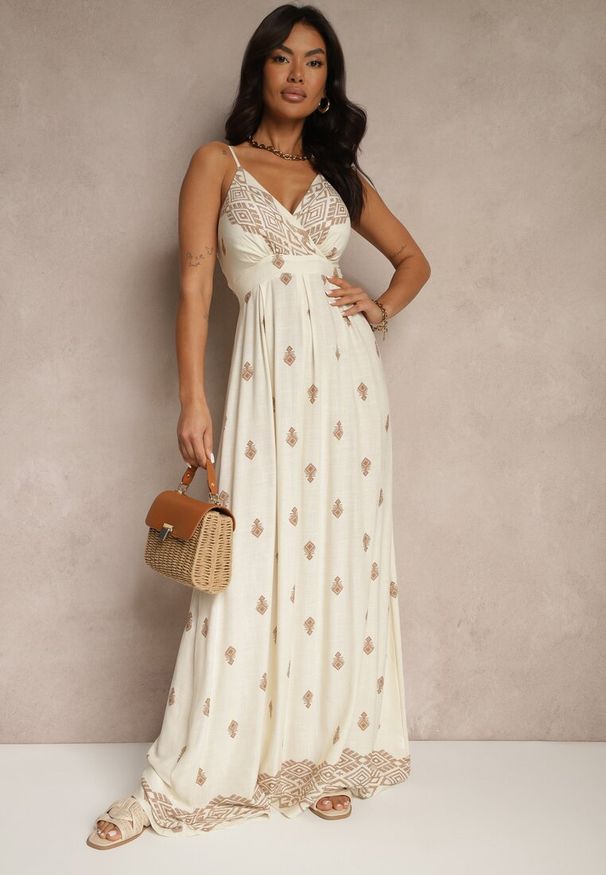 Renee - Kremowo-Beżowa Kopertowa Sukienka na Ramiączkach z Bawełny z Wiązanym Paskiem Reveesia. Typ kołnierza: dekolt w serek. Kolor: beżowy. Materiał: bawełna. Długość rękawa: na ramiączkach. Typ sukienki: kopertowe