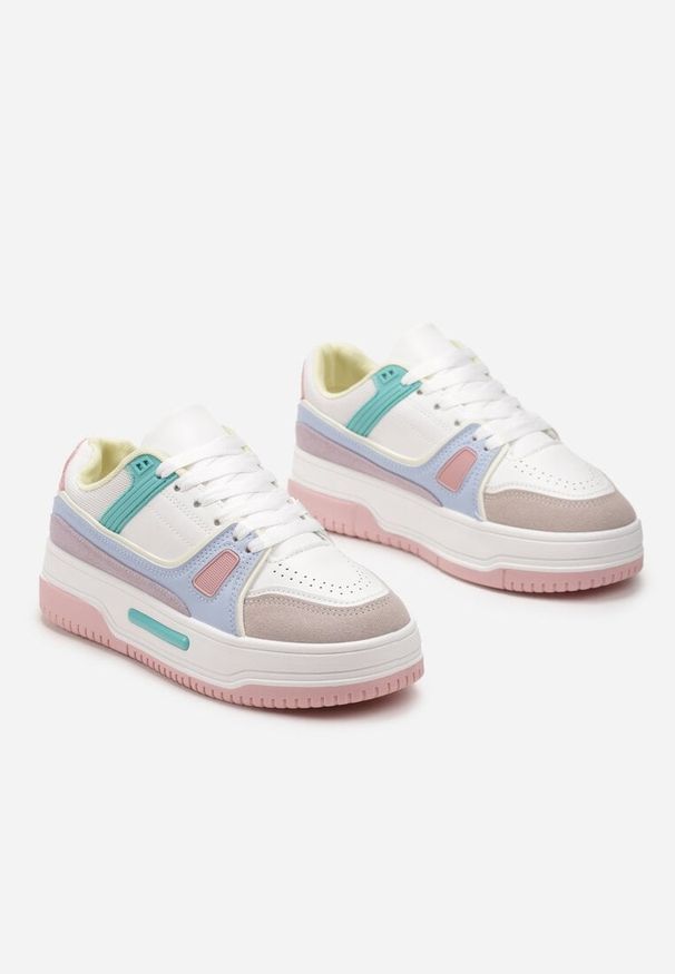 Renee - Biało-Różowe Sneakersy ze Wstawkami z Ekozamszu na Grubej Podeszwie Anecta. Kolor: biały. Materiał: jeans. Wzór: nadruk