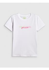 4f - 4F T-shirt slim z nadrukiem damski - biały L. Okazja: na co dzień. Kolor: biały. Materiał: bawełna, jeans, materiał. Wzór: nadruk. Styl: casual #1