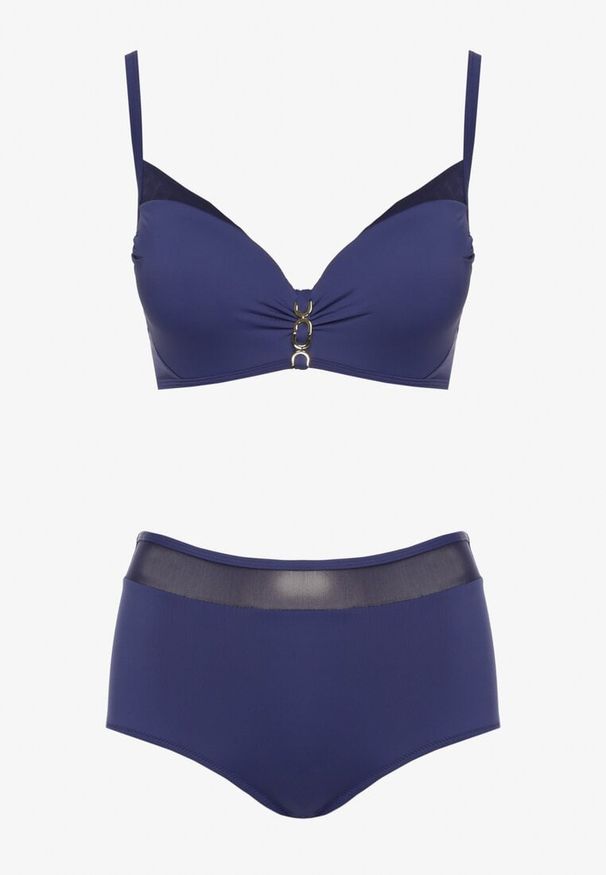 Born2be - Granatowe Bikini Biustonosz z Metaliczną Aplikacją i Majtki Figi Iffonavia. Kolor: niebieski. Materiał: len. Wzór: aplikacja