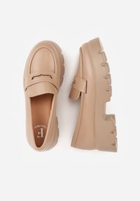 Renee - Ciemnobeżowe Mokasyny na Platformie z Tłoczeniem Guinelle. Kolor: beżowy. Materiał: jeans. Sezon: wiosna. Obcas: na platformie #3