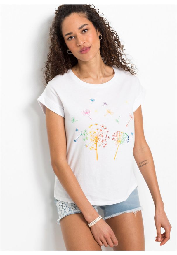 bonprix - T-shirt z nadrukiem z roślinnym motywem. Kolor: biały. Wzór: nadruk