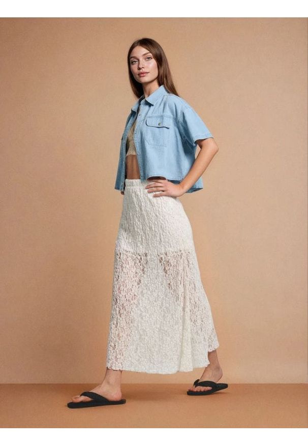 Sinsay - Koronkowa spódnica midi - kremowy. Kolor: kremowy. Materiał: koronka