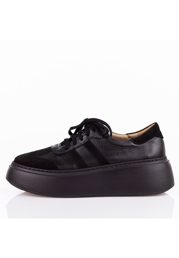DEONI - Czarne skórzane sneakersy damskie Deoni D632. Okazja: na co dzień. Nosek buta: okrągły. Zapięcie: sznurówki. Kolor: czarny. Szerokość cholewki: normalna. Materiał: skóra. Sezon: wiosna, jesień. Obcas: na platformie. Styl: klasyczny, sportowy, casual, elegancki