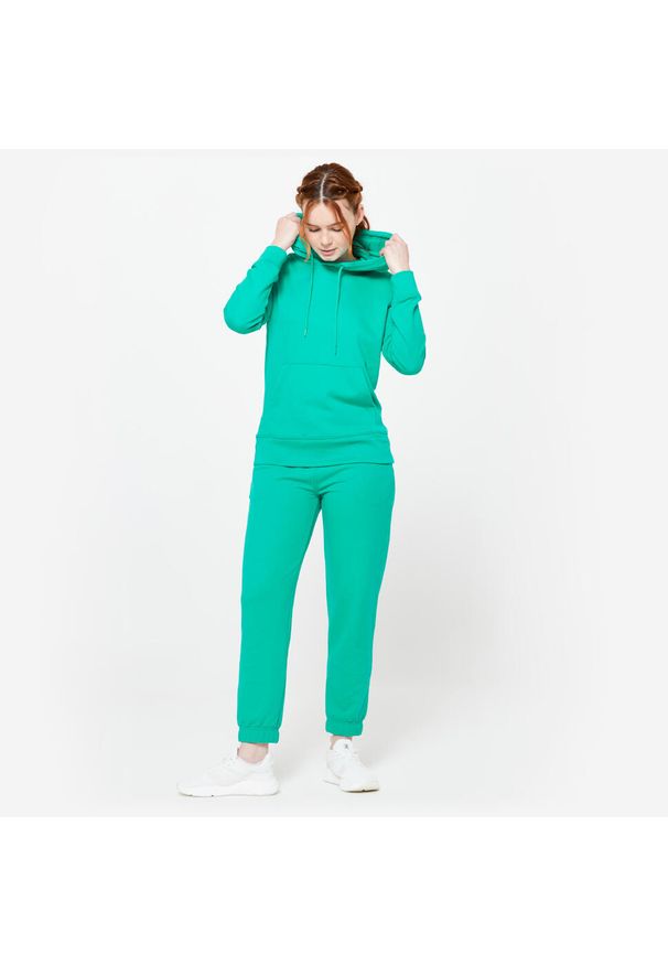 DOMYOS - Bluza z kapturem damska Domyos Gym & Pilates. Typ kołnierza: kaptur. Kolor: zielony. Materiał: materiał, prążkowany, poliester, bawełna, elastan, tkanina. Długość: długie. Sport: joga i pilates