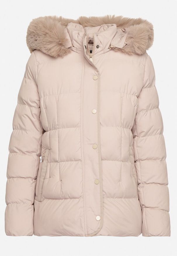Born2be - Beżowa Kurtka z Futrem Pikowana z Odpinanym Kapturem Raiona. Okazja: na spacer, na co dzień. Kolekcja: plus size. Kolor: beżowy. Materiał: futro. Styl: elegancki, casual
