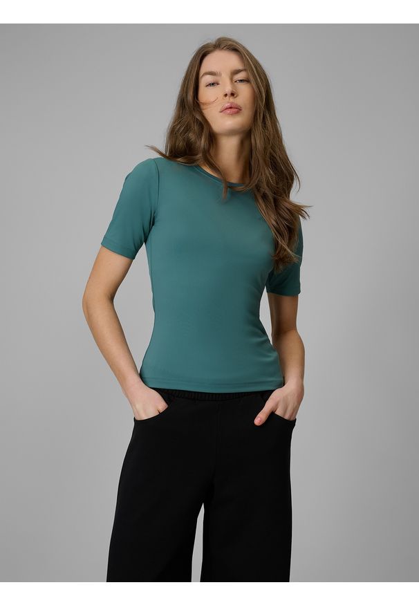 4f - 4F T-shirt slim gładki damski - turkusowy S. Okazja: na co dzień. Kolor: turkusowy. Materiał: materiał, syntetyk. Wzór: gładki. Styl: casual