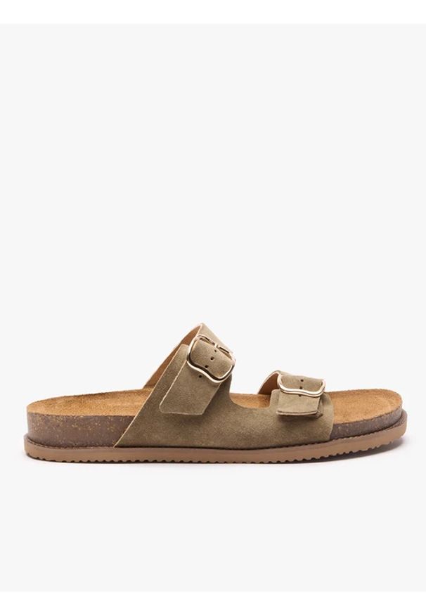 Ryłko - Oliwkowe klapki z dwoma paskami. Nosek buta: okrągły. Kolor: oliwkowy. Materiał: skóra, welur. Wzór: paski. Sezon: lato. Styl: street, klasyczny, elegancki