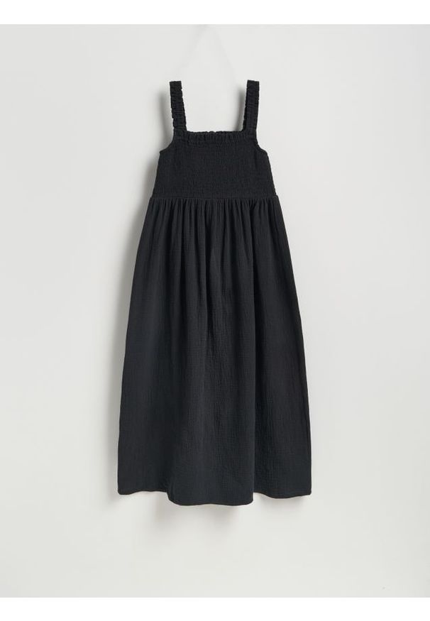 Reserved - Muślinowa sukienka midi - czarny. Kolor: czarny. Materiał: bawełna. Typ sukienki: proste. Długość: midi