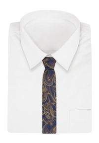 Męski Krawat - Alties - Granatowe Tło ze Złotym Wzorem. Kolor: niebieski, wielokolorowy, złoty, żółty. Materiał: tkanina. Styl: elegancki, wizytowy #2