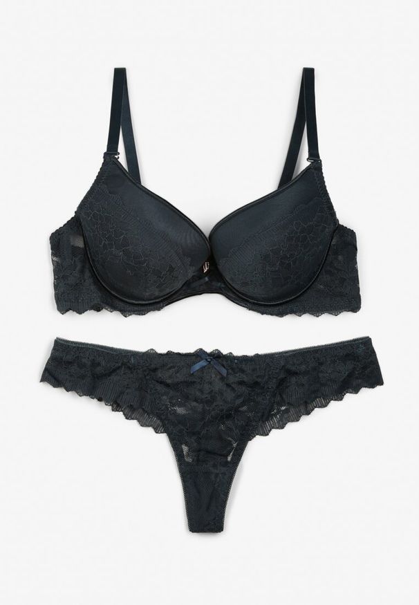 Born2be - Ciemnozielony Komplet Bielizny Biustonosz Push Up i Stringi z Koronką Aurorra. Kolor: zielony. Materiał: koronka. Wzór: koronka