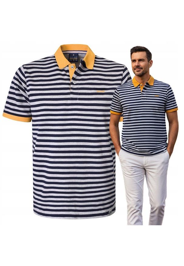 Męska, Bawełniana Koszulka Polo - Pako Jeans - Żółte Akcenty, Paski. Okazja: na co dzień. Typ kołnierza: polo. Kolor: wielokolorowy. Materiał: wiskoza, bawełna. Wzór: paski, prążki. Styl: casual