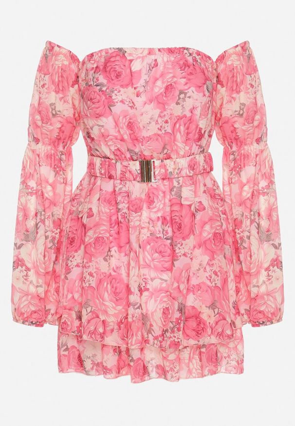 Born2be - Różowa Wiskozowa Sukienka Hiszpanka z Falbanami i Paskiem w Kwiaty Virmoi. Okazja: na co dzień, na spacer. Typ kołnierza: dekolt hiszpanka. Kolor: różowy. Materiał: wiskoza. Wzór: kwiaty. Typ sukienki: proste. Styl: casual