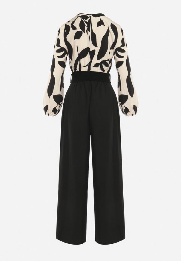 Born2be - Beżowo-Czarny Elegancki Kombinezon ze Wzorzystą Górą Szerokimi Nogawkami i Paskiem Grepia. Okazja: na co dzień. Kolor: czarny. Styl: elegancki