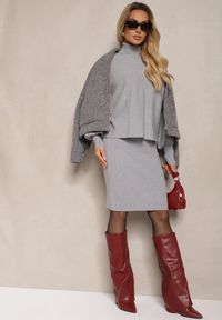 Renee - Szary Komplet z Prążkowanej Dzianiny Golf z Bufiastymi Rękawami i Sukienka na Ramiączkach Belianora. Kolor: szary. Materiał: dzianina, prążkowany #3