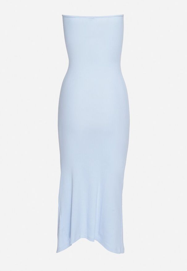 Born2be - Niebieska Bawełniana Sukienka Bandeau z Rozcięciem w Talii Vikiriea. Okazja: na plażę, na imprezę. Kolor: niebieski. Materiał: bawełna. Sezon: lato. Styl: elegancki, klasyczny