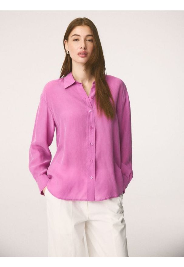 Reserved - Koszula z cupro - fioletowy. Kolor: fioletowy. Materiał: tkanina. Wzór: gładki