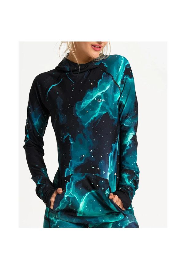 SLAVIWEAR - Bluza do biegania damska Galaxy z zamkami w kieszonce. Kolor: wielokolorowy, czarny, zielony