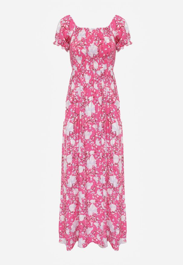 Renee - Różowa Kwiecista Sukienka o Rozkloszowanym Kroju z Marszczoną Górą Eliseria. Okazja: na imprezę. Typ kołnierza: dekolt w łódkę. Kolor: różowy. Materiał: materiał. Wzór: kwiaty. Typ sukienki: rozkloszowane. Styl: elegancki