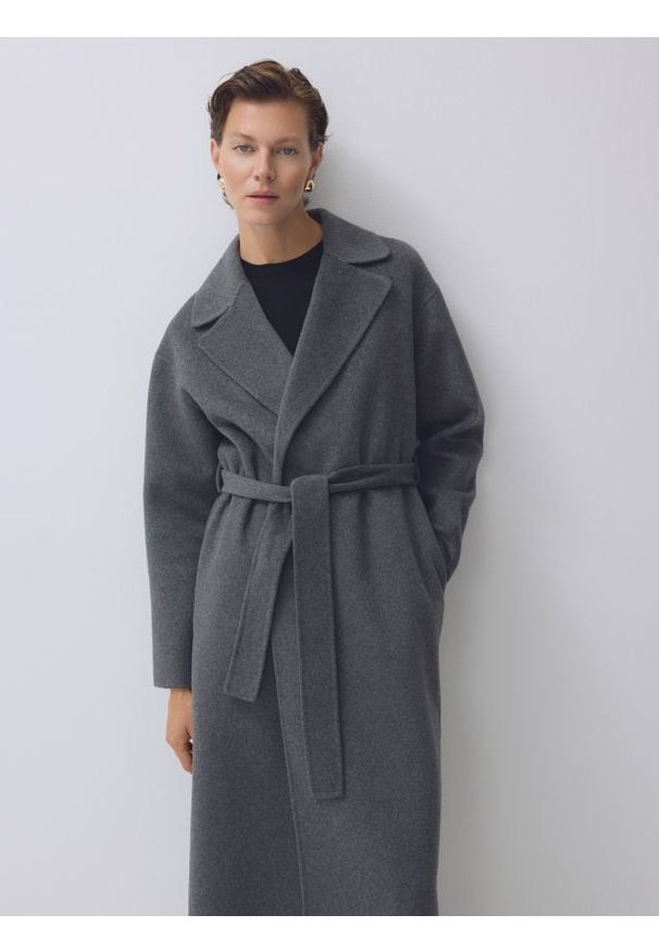 Reserved - Płaszcz handmade z wełną - ciemnoszary. Kolor: szary. Materiał: wełna