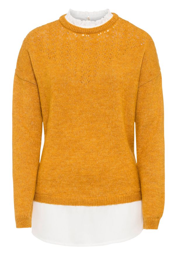 Sweter ażurowy z koszulową wstawką bonprix ciemnożółty. Kolor: żółty. Wzór: ażurowy