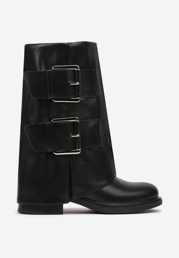 Born2be - Czarne Motocyklowe Botki z Wywiniętą Cholewką z Klamerkami Asintina. Okazja: na co dzień. Zapięcie: klamry. Kolor: czarny. Szerokość cholewki: normalna. Wzór: aplikacja. Materiał: skóra, jeans. Obcas: na obcasie. Styl: casual, elegancki. Wysokość obcasa: średni