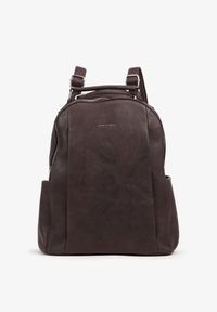 Renee - Brązowy Trapezowy Plecak z Dwiema Komorami i Rączką Damilora. Kolor: brązowy. Materiał: jeans. Styl: biznesowy, klasyczny, elegancki, casual