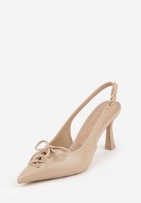 Renee - Ciemnobeżowe Szpilki Slingback VICES Zdobione Gorsetowym Wiązaniem z Kokardą Azimuna. Okazja: na co dzień. Kolor: beżowy. Materiał: jeans, koronka. Wzór: aplikacja. Obcas: na szpilce. Styl: casual, elegancki #9