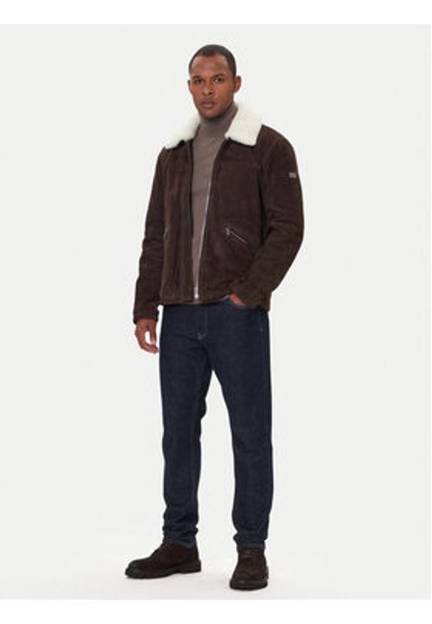 JOOP! Jeans Kurtka skórzana Byer 2620066 Brązowy Regular Fit. Kolor: brązowy. Materiał: skóra