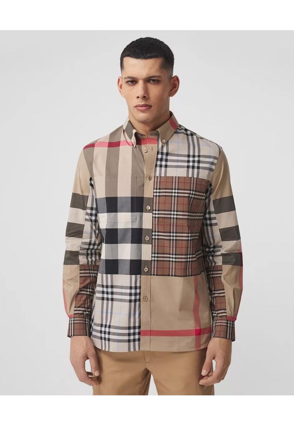 Burberry - BURBERRY - Koszula z łączonymi wzorami. Kolor: brązowy. Materiał: jeans, bawełna. Długość rękawa: długi rękaw. Długość: długie. Wzór: kratka. Styl: klasyczny, elegancki