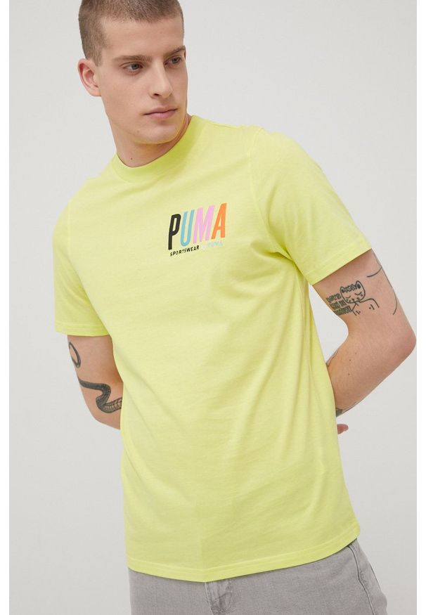 Puma t-shirt bawełniany kolor żółty z aplikacją. Kolor: żółty. Materiał: bawełna. Wzór: aplikacja