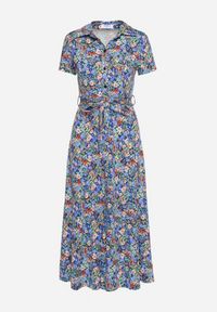 Born2be - Niebieska Koszulowa Sukienka z Krótkim Rękawem i Wiskozą na Guziki z Materiałowym Paskiem Dimiata. Typ kołnierza: kołnierzyk klasyczny. Kolor: niebieski. Materiał: wiskoza, materiał. Długość rękawa: krótki rękaw. Wzór: kwiaty. Typ sukienki: koszulowe. Styl: klasyczny #3