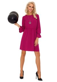 Merribel - Purpurowa Rozkloszowana Sukienka z Szerokim Rękawem z Falbanką. Kolor: fioletowy. Materiał: poliester #1