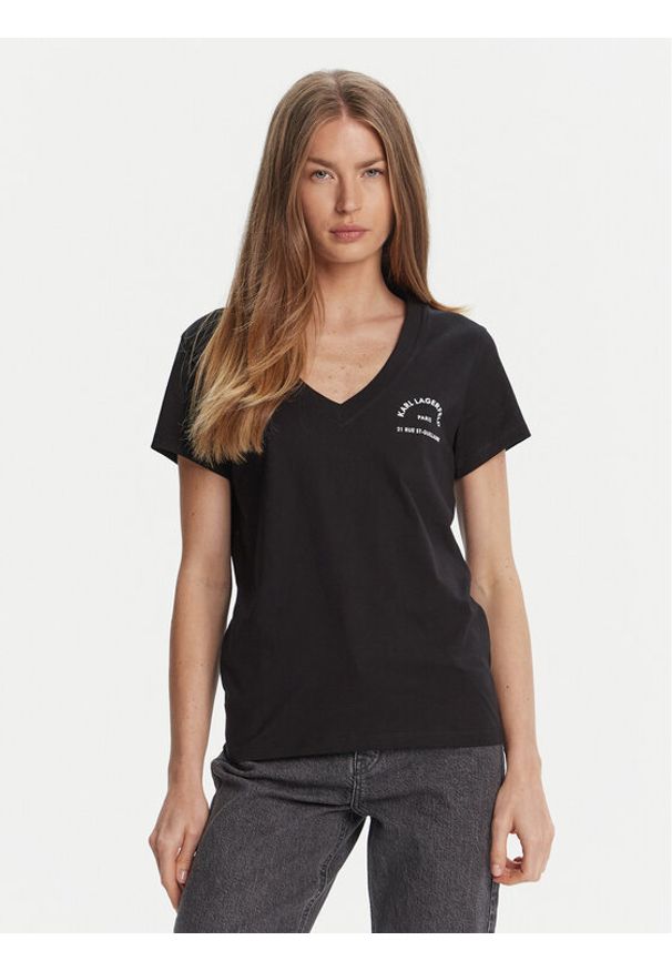 Karl Lagerfeld - KARL LAGERFELD T-Shirt A3W17104 Czarny Regular Fit. Typ kołnierza: dekolt w karo. Kolor: czarny. Materiał: bawełna