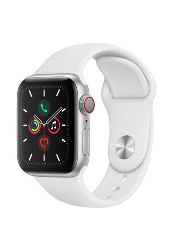 APPLE Watch 5 Cellular 44mm (Srebrny z opaską sportową w kolorze białym). Kolor: srebrny, wielokolorowy, biały. Styl: sportowy