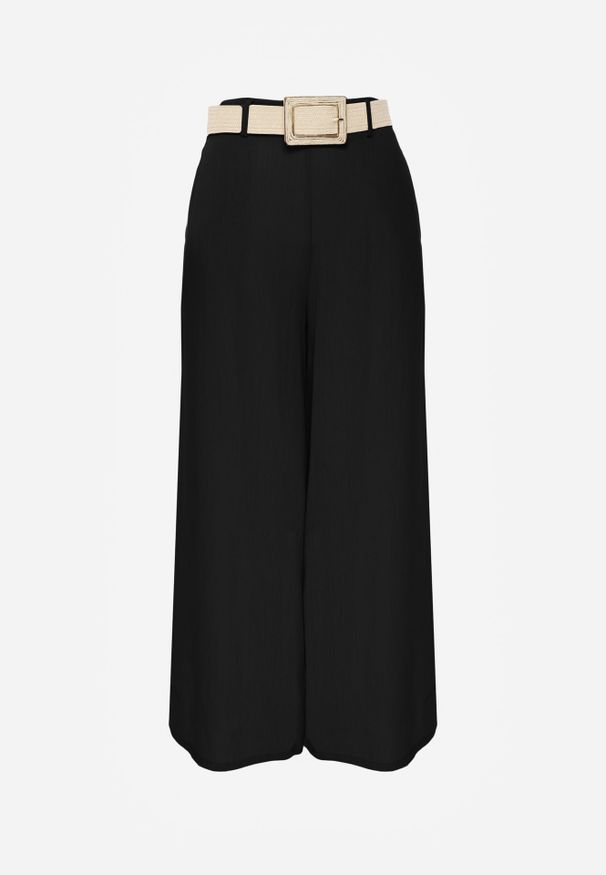 Renee - Czarne Spodnie High Waist Wide Leg z Wiskozą z Plecionym Paskiem Aridine. Okazja: na co dzień. Stan: podwyższony. Kolor: czarny. Materiał: wiskoza. Styl: casual, elegancki