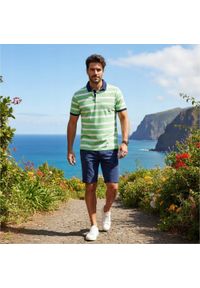 Męska Koszulka Polo - Pako Jeans - Zielone Prążki. Okazja: na co dzień. Typ kołnierza: polo. Kolor: zielony. Materiał: bawełna. Wzór: prążki, paski. Styl: casual #4