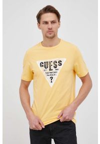 Guess t-shirt męski kolor żółty z nadrukiem. Kolor: żółty. Materiał: bawełna. Wzór: nadruk