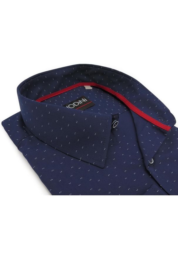 Modini - Granatowa koszula w biały drobny wzór Y24. Kolor: biały, wielokolorowy, niebieski. Materiał: bawełna, poliester, tkanina. Długość: długie. Styl: klasyczny