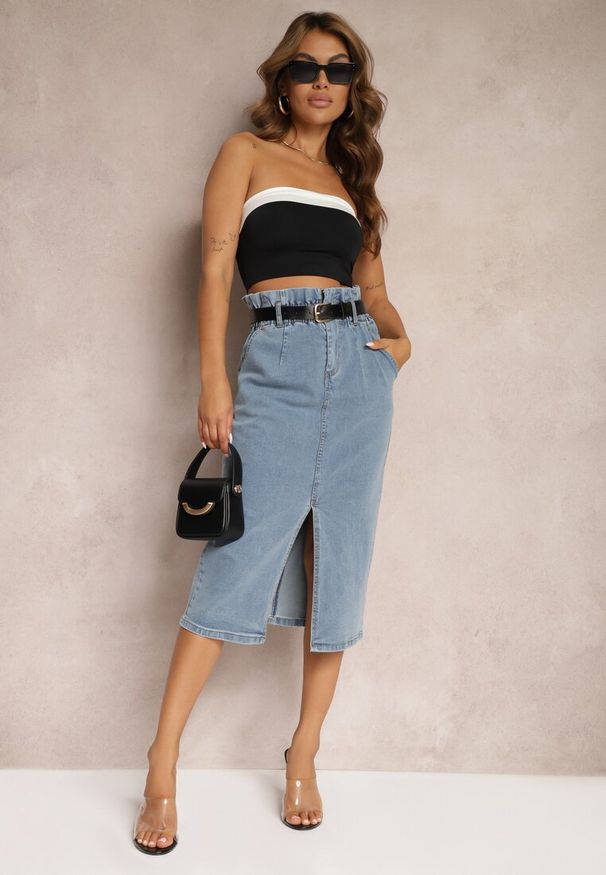 Renee - Niebieska Bawełniana Spódnica High Waist z Rozcięciem Paskiem i Gumką w Talii Crisbella. Okazja: na co dzień. Stan: podwyższony. Kolor: niebieski. Materiał: bawełna. Styl: elegancki, casual