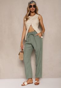 Renee - Zielone Spodnie High Waist ze Ściągaczem w Talii i Prostą Nogawką Savonne. Okazja: na co dzień. Stan: podwyższony. Kolor: zielony. Styl: elegancki, casual #3