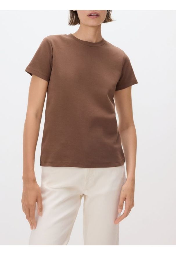 Reserved - Bawełniany t-shirt - brązowy. Kolor: brązowy. Materiał: bawełna