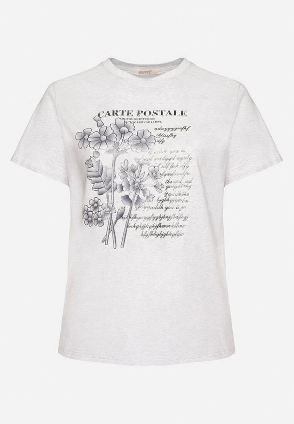 Born2be - Jasnoszary T-shirt z Bawełny z Metalicznym Nadrukiem Olianea. Okazja: na co dzień. Kolor: szary. Materiał: bawełna. Wzór: nadruk. Styl: klasyczny, casual