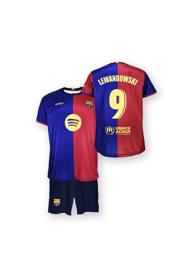 FC Barcelona komplet koszulka spodenki junior Home FCB 2024/25 Lewandowski. Kolor: pomarańczowy. Sport: piłka nożna