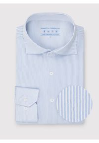 Pako Lorente - PAKO LORENTE - Błękitna koszula w drobny prążek. Typ kołnierza: kołnierzyk włoski. Kolor: niebieski. Materiał: dzianina, poliester, bawełna. Długość rękawa: długi rękaw. Długość: długie. Wzór: prążki #6