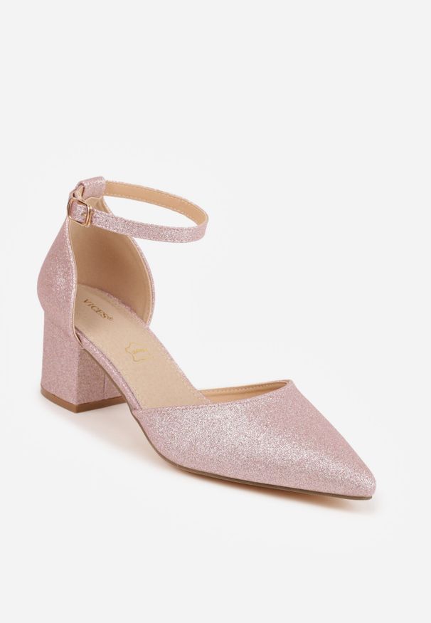 Born2be - Szampańskie Brokatowe Czółenka VICES na Obcasie z Wkładką ze Skóry Naturalnej Corata. Okazja: na co dzień. Zapięcie: sprzączka. Kolor: różowy. Materiał: skóra. Obcas: na obcasie. Styl: elegancki, klasyczny, glamour, casual. Wysokość obcasa: średni